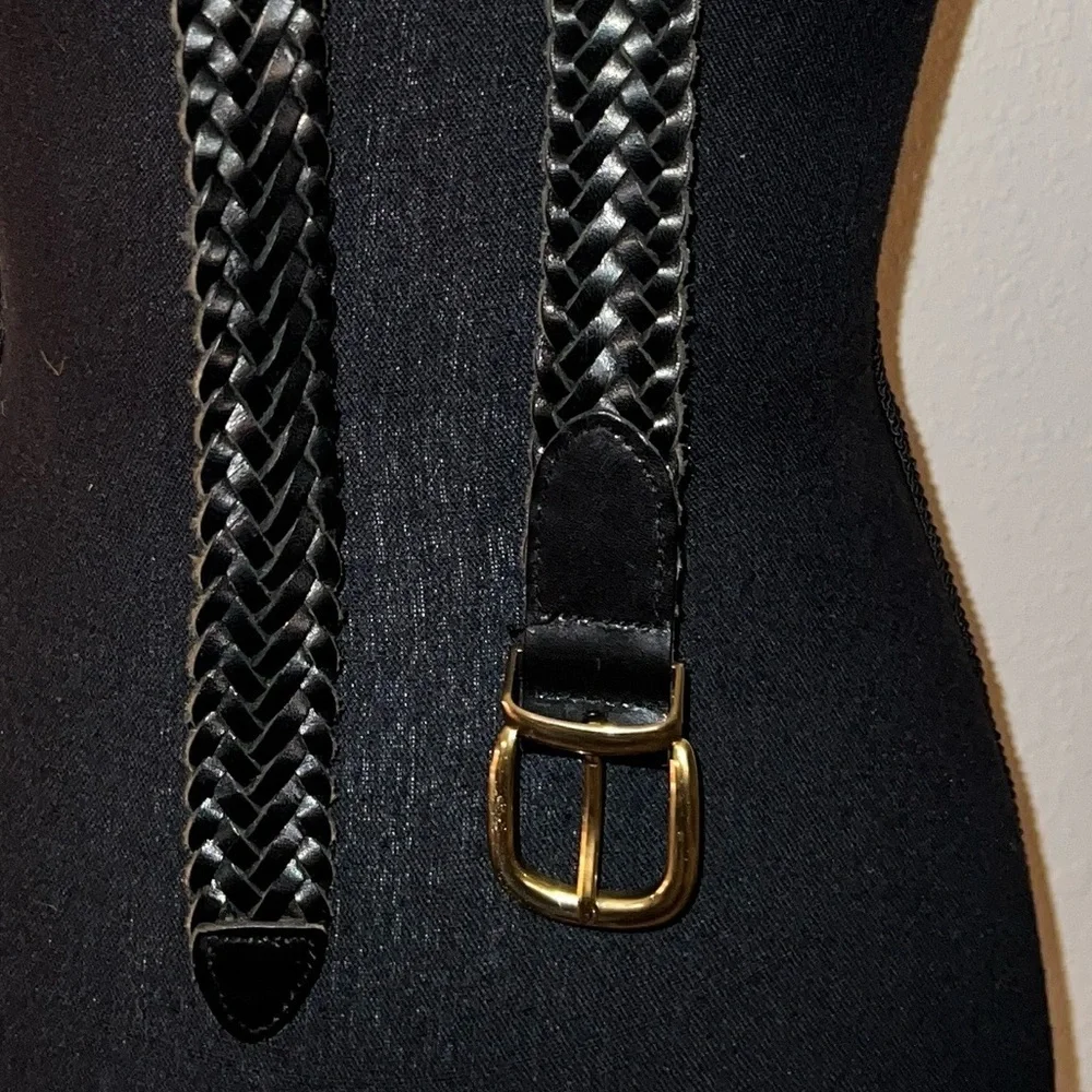 Men’s Black Braided Leather Belt Brass Colored Buckle Size 40